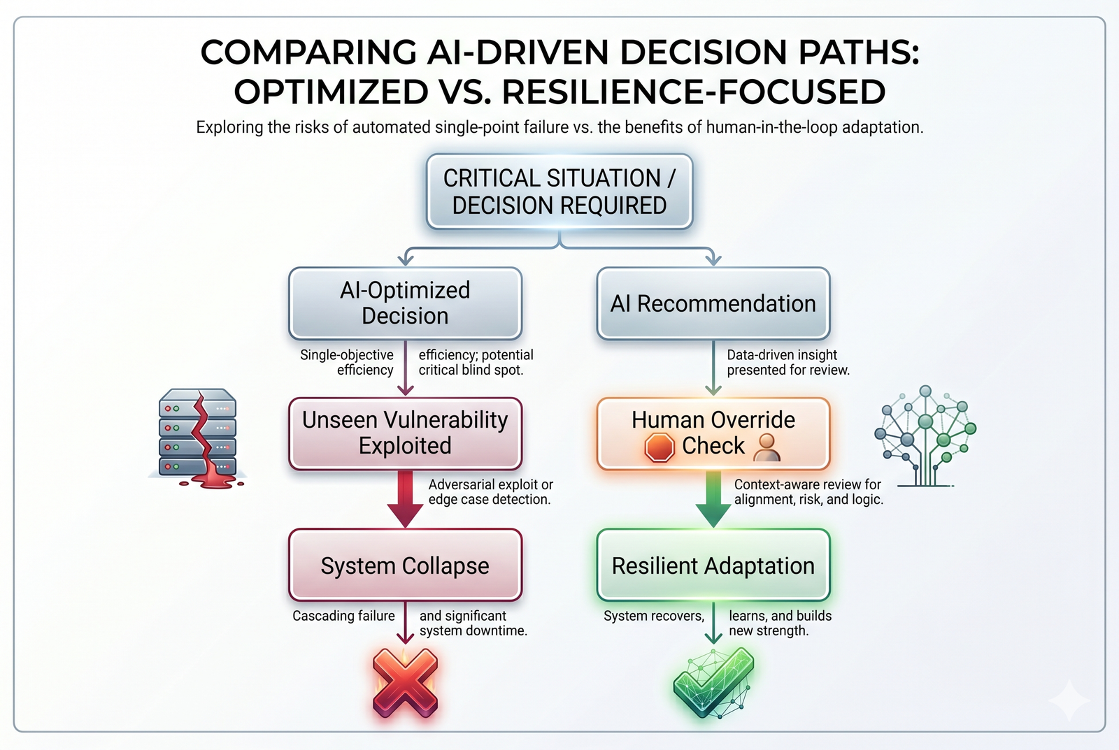 Diagram showing two paths: an AI-optimized brittle system collapsing, and a human-override resilient system adapting successfully